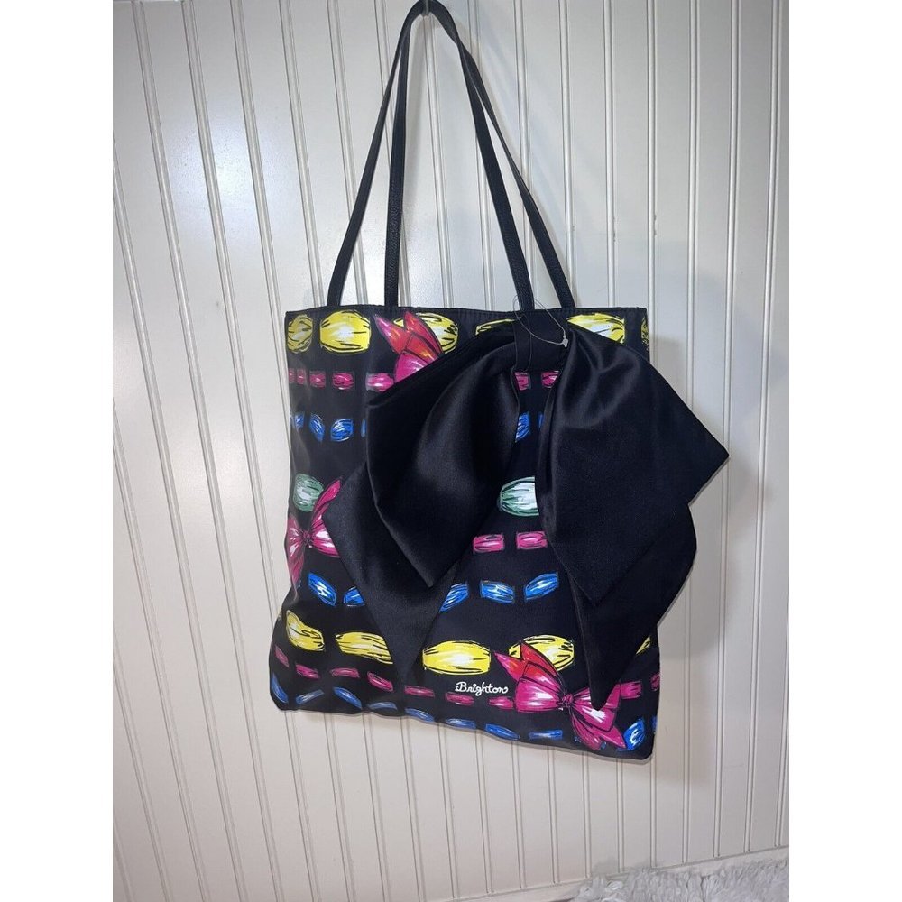 Brighton Large Tote Shoulder Bag Jewels And Bows Pattern Black Ribbon Satin Bow